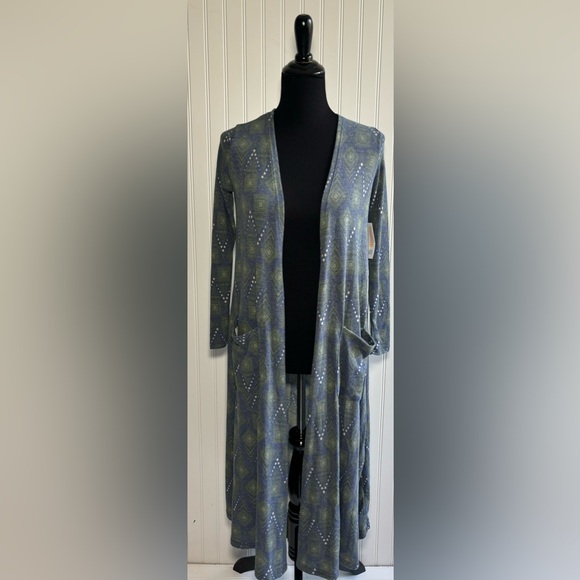 LuLaRoe Sarah Cardigan Duster Sweater Women’s Size XS Blue Green Cream - Picture 14 of 16